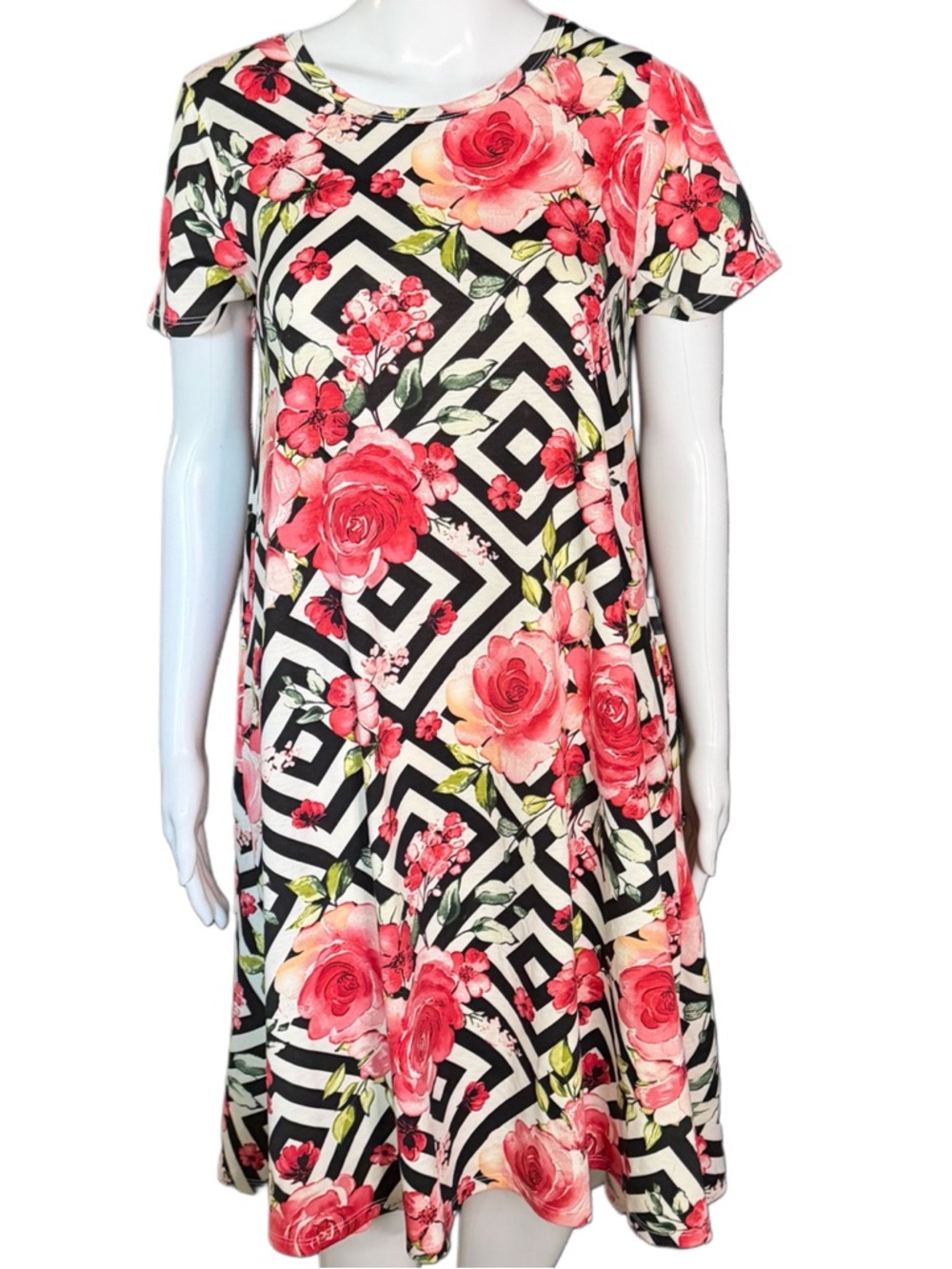 LuLaRoe XS Dress Floral Geometric Print Short Sleeve Swing A-Line Casual Pockets